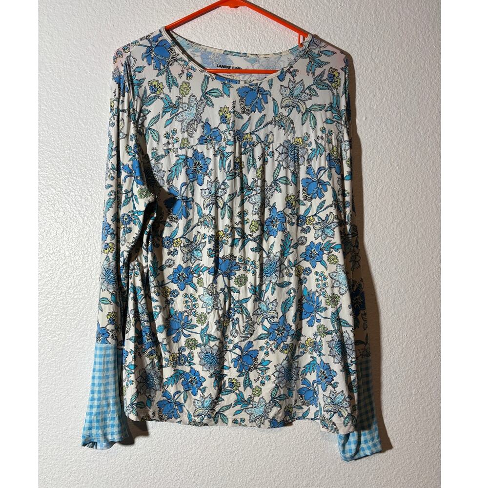 Lands' End Women's Size L White Blue Floral Stretchy Long Sleeve Rash Guard Top